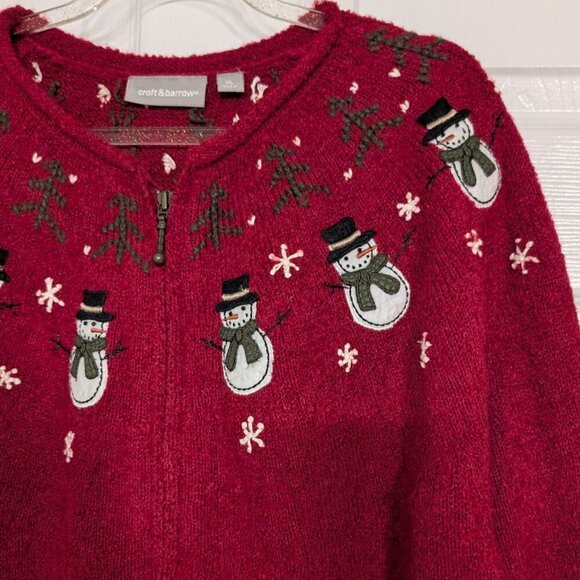 Croft & Barrow Snowman Sweater Womens Size XL Red Silk Wool Blend Full Zip - Picture 2 of 12